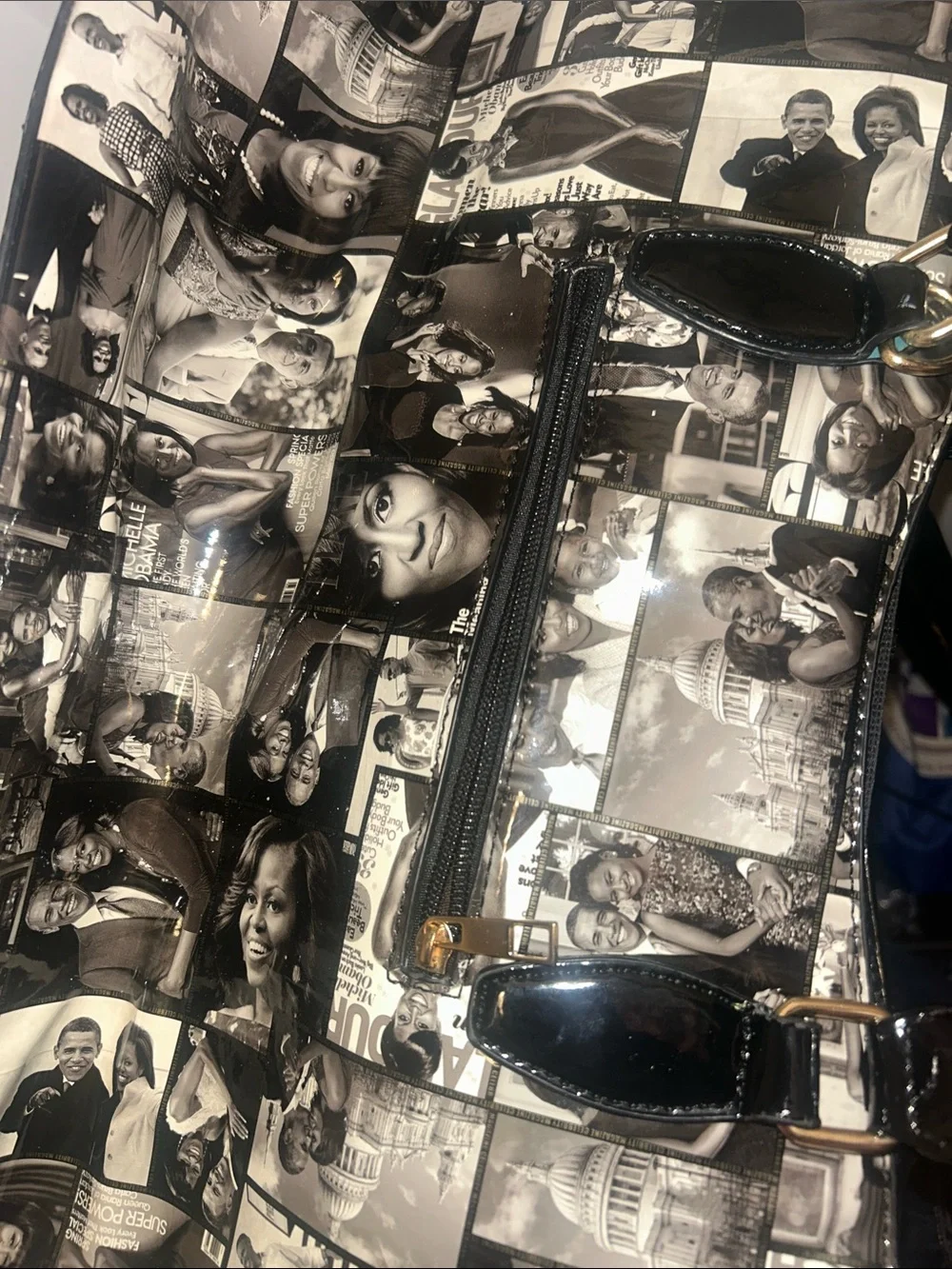 Black Photo-Collage Patent Tote with Gold Hardware